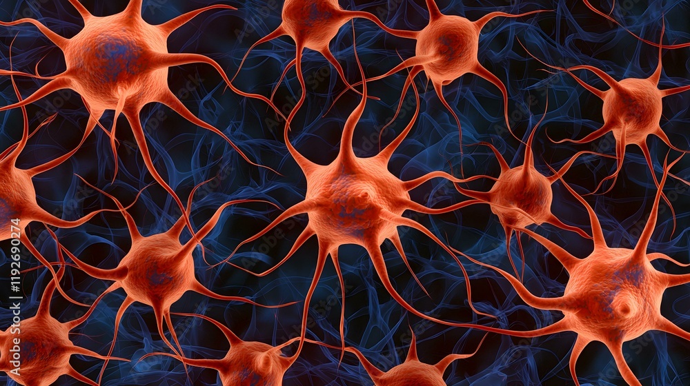 Poster the image shows a detailed microscopic view of numerous interconnected neurons, their branching dend