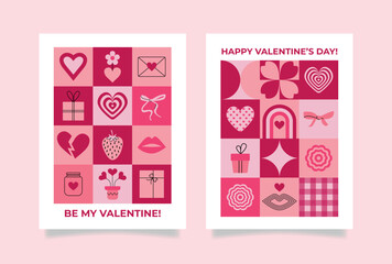 Valentine's day pink geometric greeting cards with text. Abstract background, poster, flyer, cover, banner. Contemporary pattern with romantic symbols. Mosaic. Y2k. Hearts, bows, shapes. Vector.