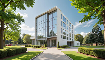 Modern hospital building with glass fa&ccedil;ade and green landscaping in natural sunlight, photorealistic aesthetic