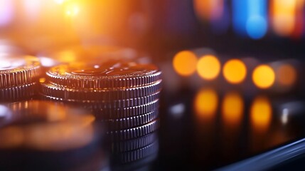 Stacks of gleaming coins reflect warm light a vibrant financial scene. AI Generated