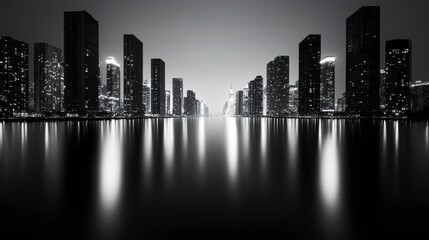 Black-and-white cityscape with skyscrapers and glowing reflections on calm water.