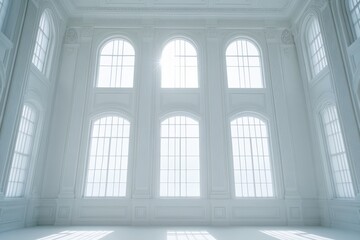 Fototapeta premium Grand hall with large windows illuminated by sunlight in elegant architectural design