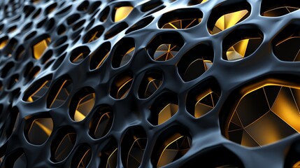 Abstract black and gold mesh structure.