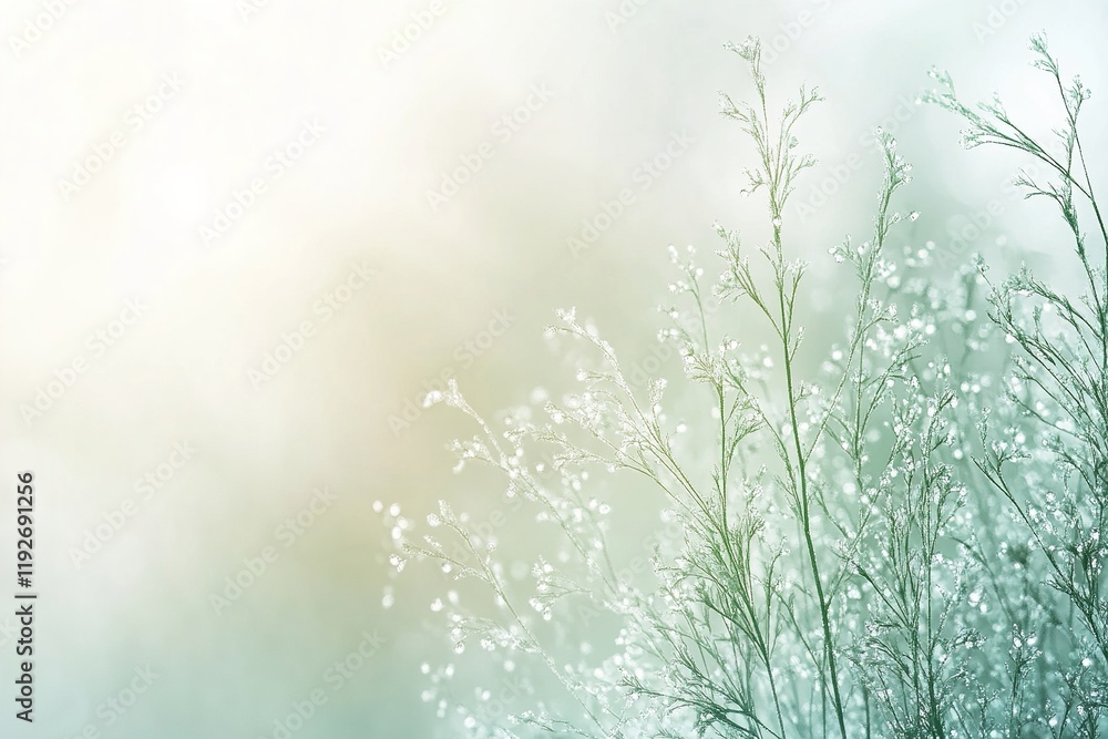 Poster minimalist abstract design featuring frosted glass with dew drops and soft light reflections in a ca