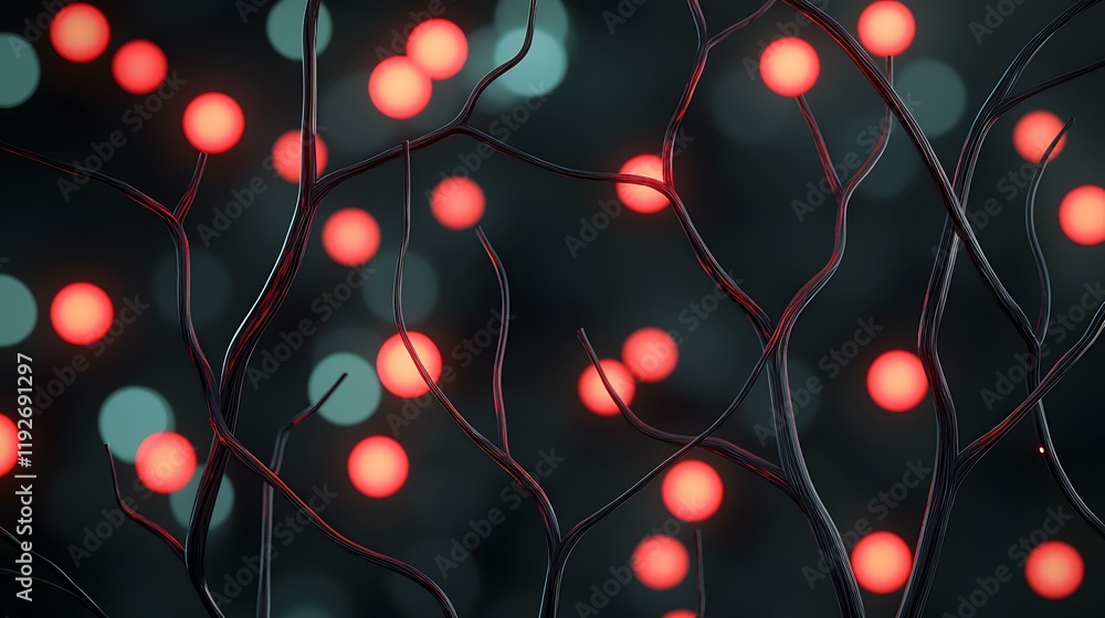 Poster the image shows dark, branch-like structures interwoven with glowing red orbs against a blurred back