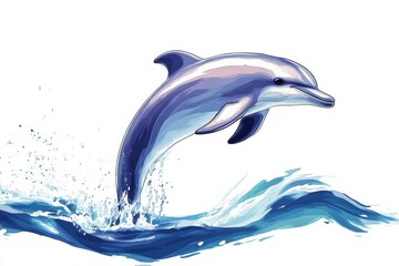 Dolphin leaps joyfully above the ocean waves in a vibrant blue and white illustration capturing playful marine life. Generative AI