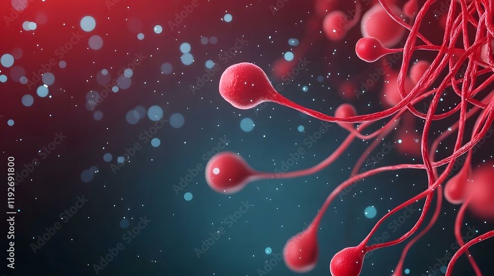 Aufkleber the image shows a network of red, bulbous structures connected by thin, elongated strands, set again