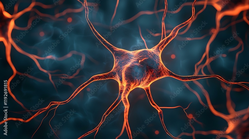 Poster the image shows a detailed close-up rendering of a neuron, its fiery orange axon and dendrites exten