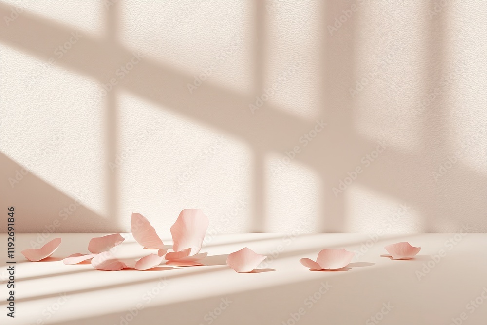Poster minimalist display of blush pink petals on a smooth cream background with soft shadows enhancing dep