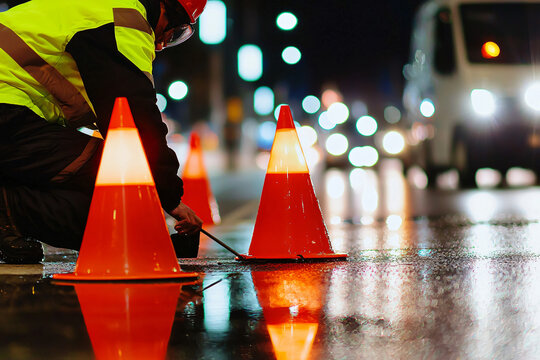 traffic controller setting warning cones, wet road surface