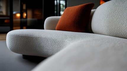 Close-up of a Modern Sectional Sofa with a Textured Fabric and Orange Pillow
