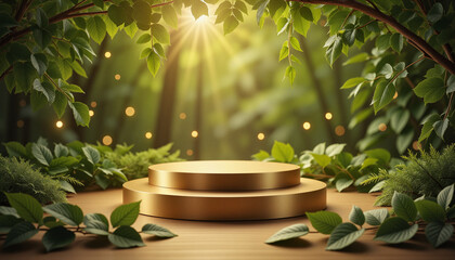 Luxurious golden platform surrounded by lush greenery and twinkling lights, creating a dreamy ambiance