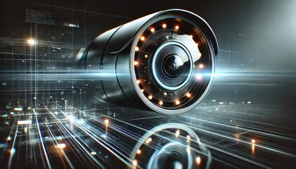 A concept illustrating a sleek and modern surveillance camera with a digital background.