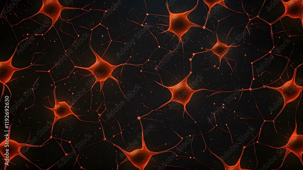 Poster the image shows a network of glowing orange neurons interconnected against a dark background speckle