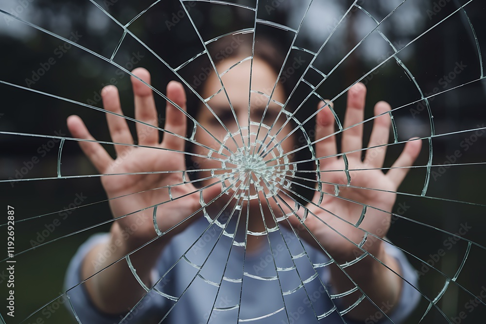 Poster emotive image of a face seen through shattered glass, with outstretched hands and upward-facing palm