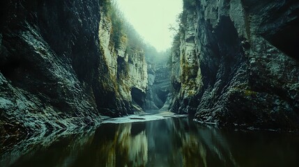 A dynamic view of a canyon carved by a flowing river, showcasing the enduring power of water erosion. The image captures the contrast between the rugged cliffs and the gentle, reflective surface 