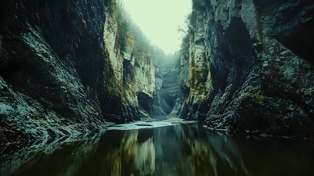 A dynamic view of a canyon carved by a flowing river, showcasing the enduring power of water erosion. The image captures the contrast between the rugged cliffs and the gentle, reflective surface 