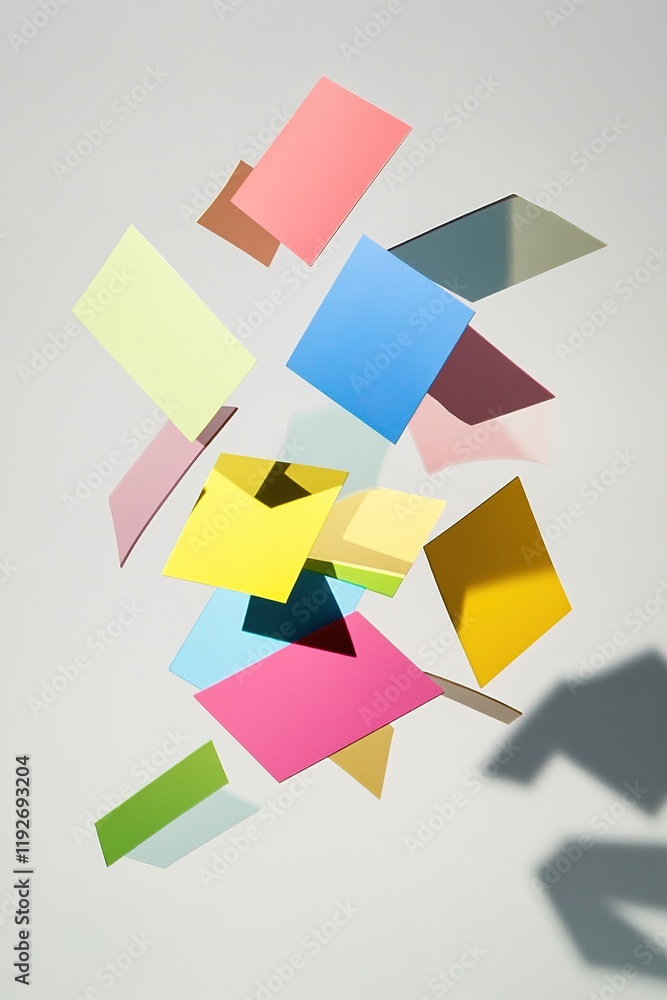 Poster vibrant abstract color swatches floating against a minimalist light gray background with soft shadow