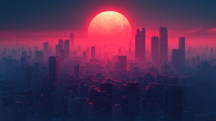 Fototapeta premium Futuristic cityscape under a vibrant sunset.