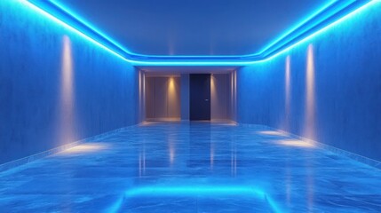 Blue neon lit corridor interior.