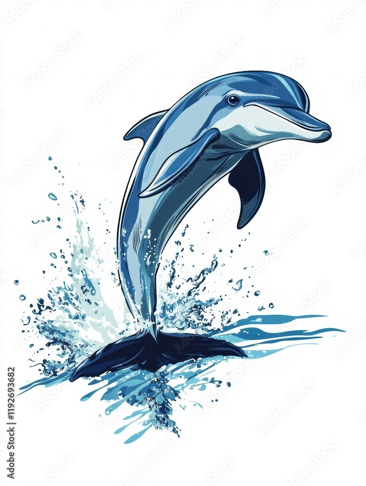 Aufkleber Dolphin leaps joyfully from the water creating splashes in a vibrant ocean environment. Generative AI