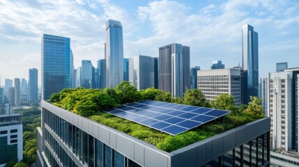 Urban Rooftop with Solar Panels Surrounded by Lush Greenery Overlooking Modern City Skyline on Sunny Day