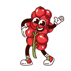 Groovy bunch of red currants cartoon character walking with smile. Funny retro comic redcurrant with cute face. Berry fruit mascot, cartoon redcurrant sticker of 70s 80s style vector illustration