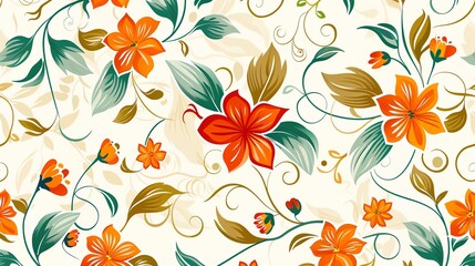 A delicate floral pattern with orange flowers and green leaves on a white background.
