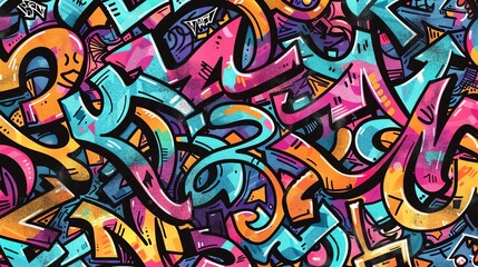 An abstract, colorful graffiti pattern with bold lines and shapes in shades of blue, yellow, pink, and orange.