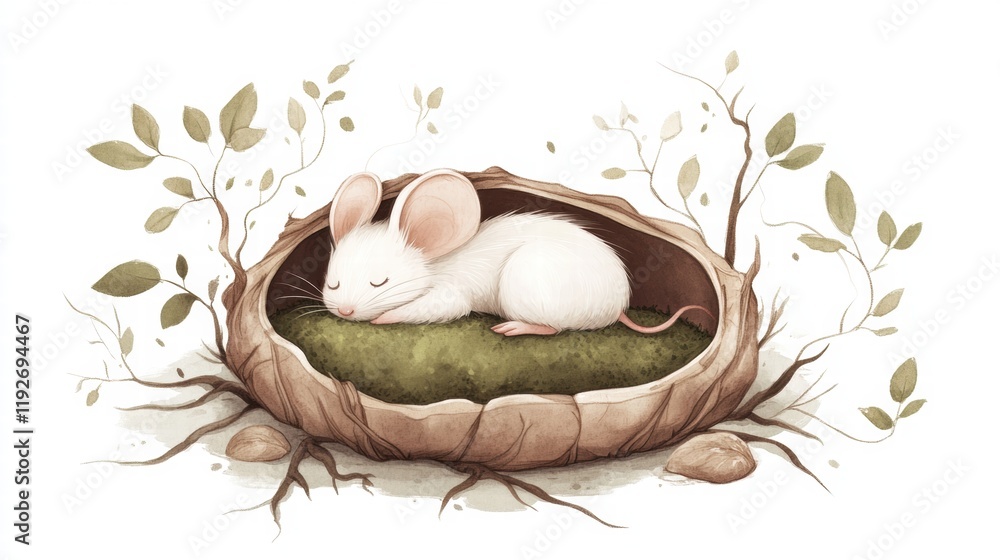 Poster cute sleeping mouse nestled in a cozy nest surrounded by soft green moss and delicate plants in tran