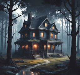 Illustration of ghost house in creepy forest.