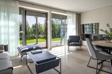 Fototapeta premium Modern luxury apartment interior in minimal scandinavian style, 3d rendering 