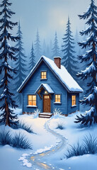 Naklejka premium Charming blue cabin in snowy forest with glowing windows, tranquil winter atmosphere