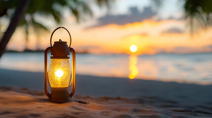 Illuminated oil lantern on tropical beach at sunset; calm ocean, palm trees blurred in background; ideal for travel, vacation, relaxation themes