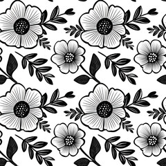 Fototapeta premium Seamless pattern with black and white flat style flowers and hearts on a crisp white background
