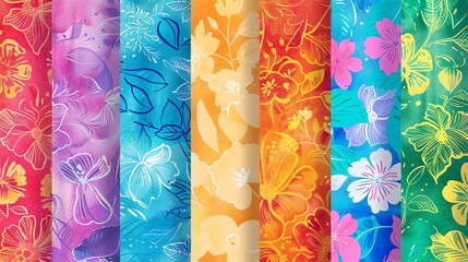 A colorful collage of seven different floral patterns, each with a unique color scheme and style.