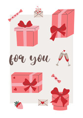 Valentine's Day card featuring hearts, bows, strawberries, gift box on a white background, celebrating love and romance