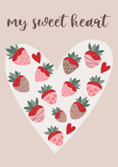Valentine's Day card featuring hearts, sweets, strawberries, candy on a white background, celebrating love and romance