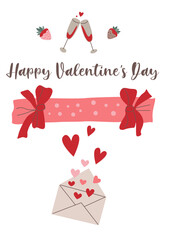 Valentine's Day card featuring hearts, bows, strawberries, gift box on a white background, celebrating love and romance