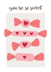 Valentine's Day card featuring hearts, sweets, strawberries, candy on a white background, celebrating love and romance