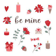 Valentine's Day card featuring hearts, bows, strawberries, gift box on a white background, celebrating love and romance