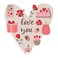 Valentine's Day card featuring hearts, bows, strawberries, gift box on a white background, celebrating love and romance