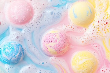 Calmness and luxury blend with colorful bath bombs dissolving in pastel hues of pink, blue, and yellow creating soothing swirls in water