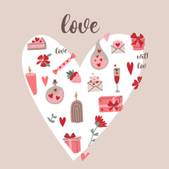 Valentine's Day card featuring hearts, bows, strawberries, gift box on a white background, celebrating love and romance