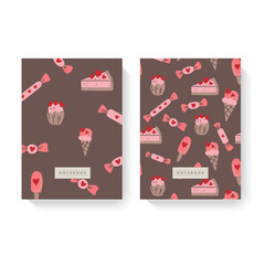 Cover design with candy and cupcake pattern. For notebooks, planners, brochures, books, catalogs etc.