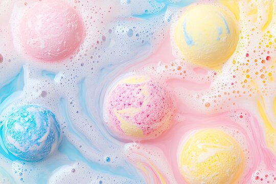 Calmness and luxury blend with colorful bath bombs dissolving in pastel hues of pink, blue, and yellow creating soothing swirls in water