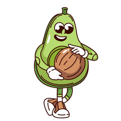 Groovy half avocado cartoon character holding round pit. Funny retro cute food ingredient for salad with laugh. Fruit mascot, cartoon ripe avocado sticker of 70s 80s style vector illustration