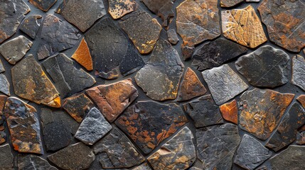 Fototapeta premium A close-up of a stone wall made of various sized, irregularly shaped stones in shades of grey and brown.