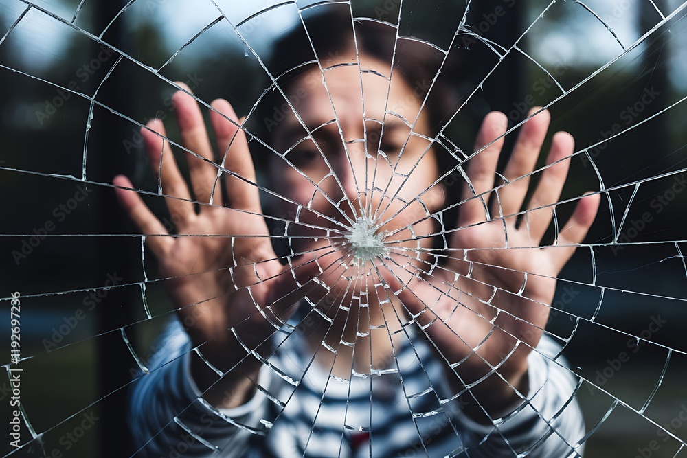 Poster emotive image of a face seen through shattered glass, with outstretched hands and upward-facing palm