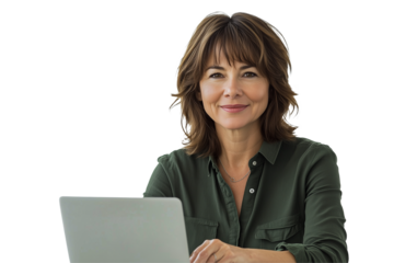 Happy businesswoman using laptop typing and working online while sitting at workplace in office